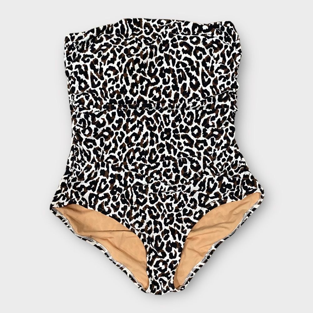 J. Crew leopard print bandeau one piece swimsuit Women’s Size L 
NWOT